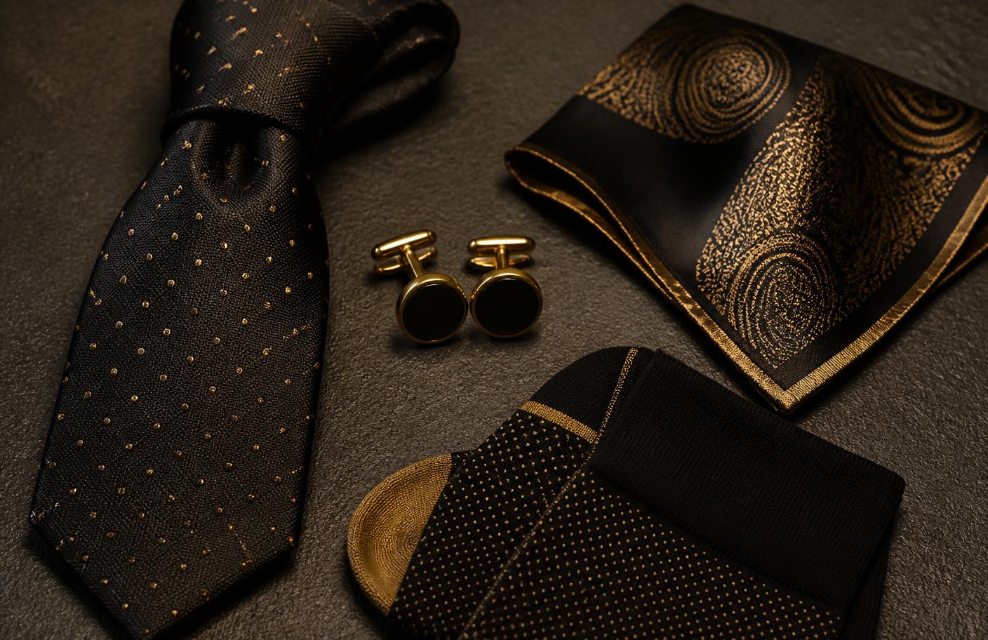 Complimentary silk tie, gold cufflinks, pocket square and socks