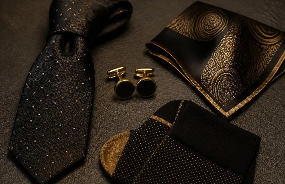 Complimentary silk tie, gold cufflinks, pocket square and socks