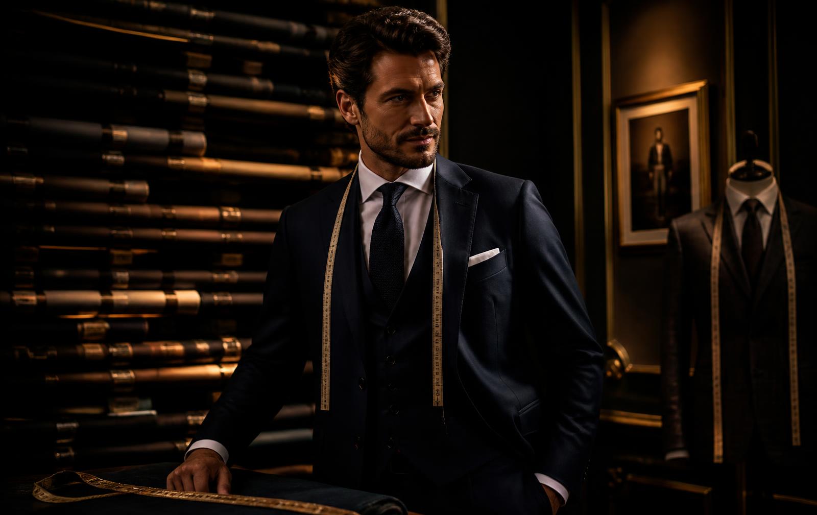 Master tailor in a luxury bespoke atelier with rolls of fine suiting fabric
